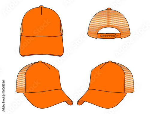 Orange Mesh Trucker Cap With Adjustable Snap back Vector.