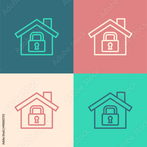 Pop art line House under protection icon isolated on color background. Home and lock. Protection, safety, security, protect, defense concept. Vector.