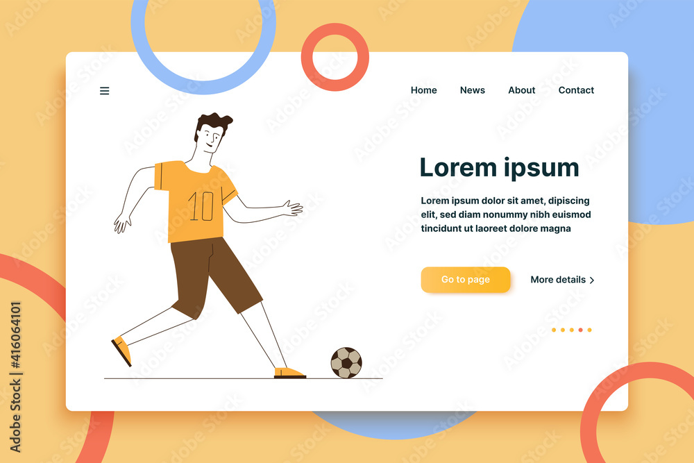 Young man playing football. Cartoon character kicking soccer ball flat vector illustration. Summer activity, competition, hobby concept for banner, website design or landing web page