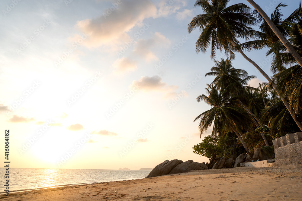 beautiful beach at sunset among palm trees