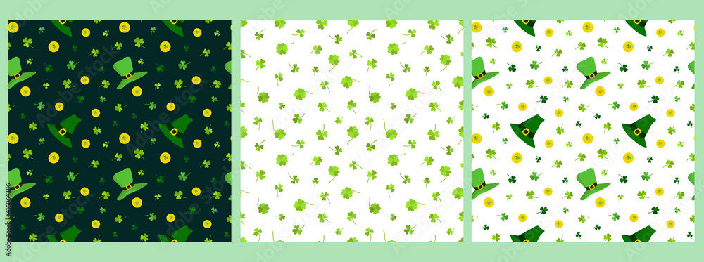 set of seamless vector pattern for St. Patrick's Day with clover, gold coins, and green leprechaun hat on a white background, for postcards, gifts, packaging, holiday set of seamless vector pattern for St. Patrick's Day with clover, gold coins, and green leprechaun hat on a white background, for postcards, gifts, packaging, holiday