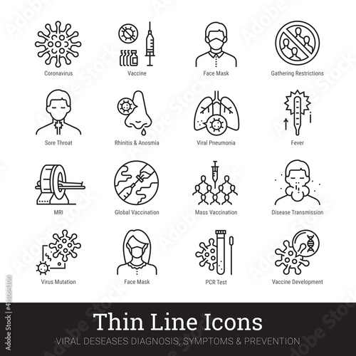 Viruses, viral infection, medical laboratory thin line icons. Vector set of medicine science. Viral disease, diagnosis, symptom, prevention, protective measures pictograms collection. Editable stroke. photo