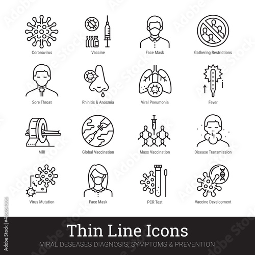 Viruses, viral infection, medical laboratory thin line icons. Vector set of medicine science. Viral disease, diagnosis, symptom, prevention, protective measures pictograms collection. Editable stroke.