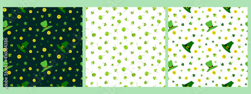 set of seamless vector pattern for St. Patrick's Day with clover, gold coins, and green leprechaun hat on a white background, for postcards, gifts, packaging, holiday