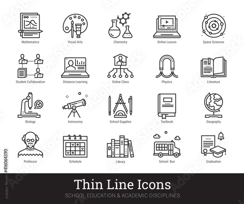 Education thin line icon vector set. Modern clipart collection for web service, mobile application. Online lecture, video tutorial, academic disciplines, distance learning pictograms. Editable strokes
