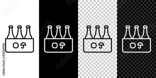 Set line Pack of beer bottles icon isolated on black and white,transparent background. Case crate beer box sign. Vector.