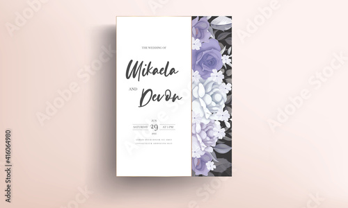 Elegant wedding invitation card with beautiful purple flowers
