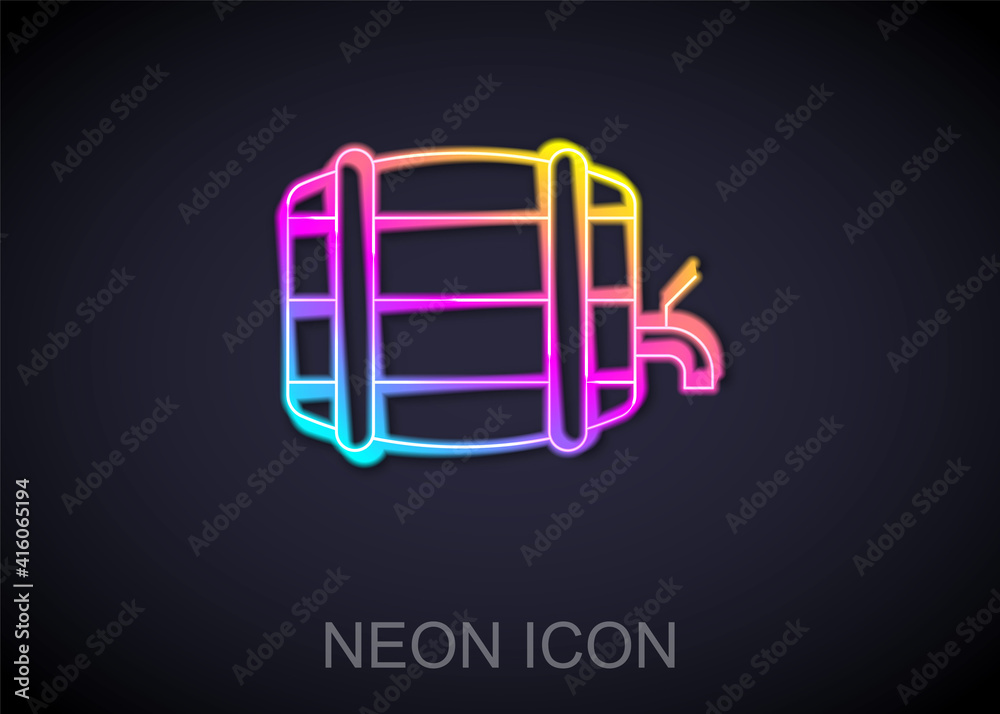 Glowing neon line Wooden barrel on rack with stopcock icon isolated on black background. Vector.