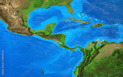 Physical map of Central America and the Caribbean. Detailed flat view of the Planet Earth and its landforms. 3D illustration - Elements of this image furnished by NASA