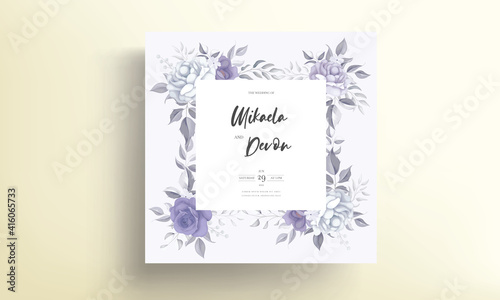 Elegant wedding invitation card with beautiful purple flowers