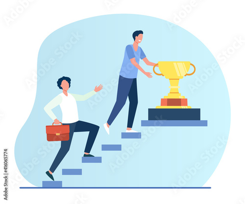 Professionals competing for leadership. Competitors climbing upstairs to prize cup. Flat vector illustration. Reward, business competition, rival concept for banner, website design or landing web page