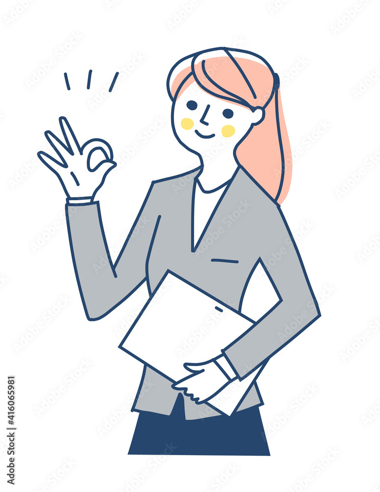 ノートパソコンを持ってOKサインをするビジネスウーマン