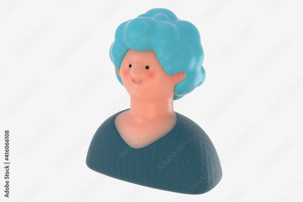 3D Bright people portrait - 3D render design concept illustration of a plastuc doll of a young woman, face and shoulders avatar. User picture volumetric icon