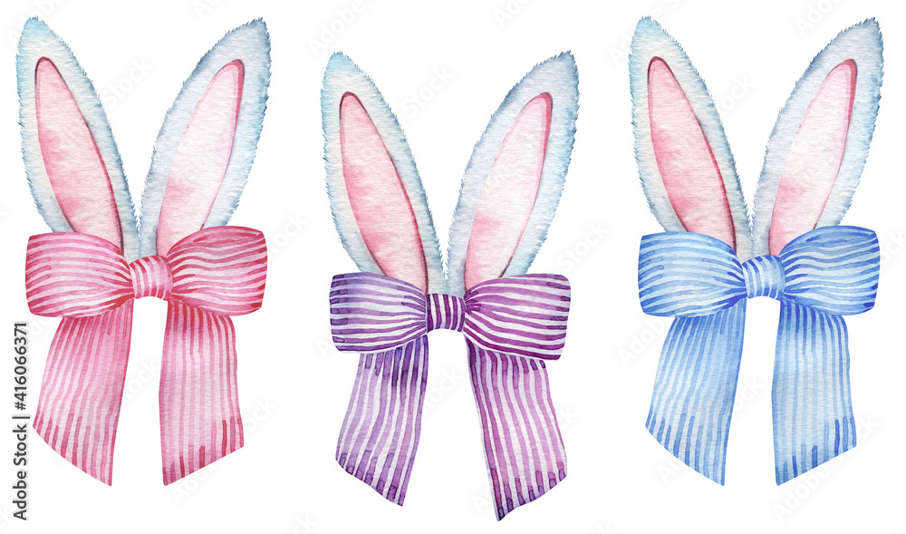Gray and pink color bunny ears with striped colorful bows. Watercolor Easter illustration isolated on white background. Gray and pink color bunny ears with striped colorful bows. Watercolor Easter illustration isolated on white background.