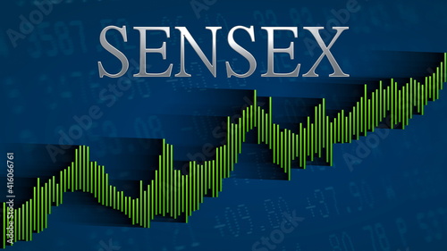 The BSE SENSEX stock market index of Bombay Stock Exchange keeps rising. The green ascending bar chart on a blue background with the silver headline indicates a bullish market.