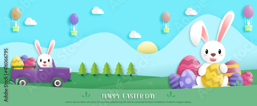 Happy easter day in paper art style with rabbit and easter eggs. greeting card, posters and wallpaper. Vector illustration.