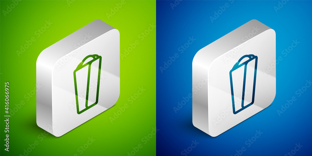 Isometric line Burrito icon isolated on green and blue background. Traditional mexican fast food. Silver square button. Vector. Isometric line Burrito icon isolated on green and blue background. Traditional mexican fast food. Silver square button. Vector.
