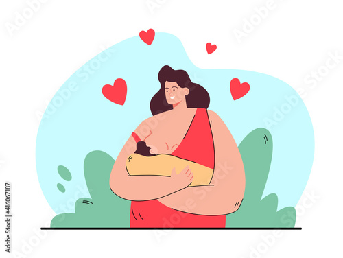 Happy loving mother breastfeeding her baby flat vector illustration. Cartoon newborn eating milk from breast and sleeping on mom arms. Maternity and motherhood concept