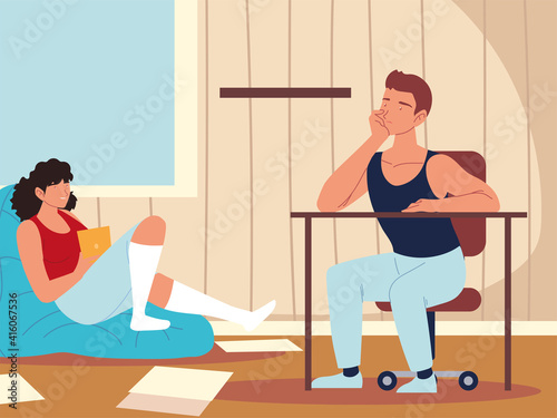 procrastination, man at desk and woman using tablet in the room