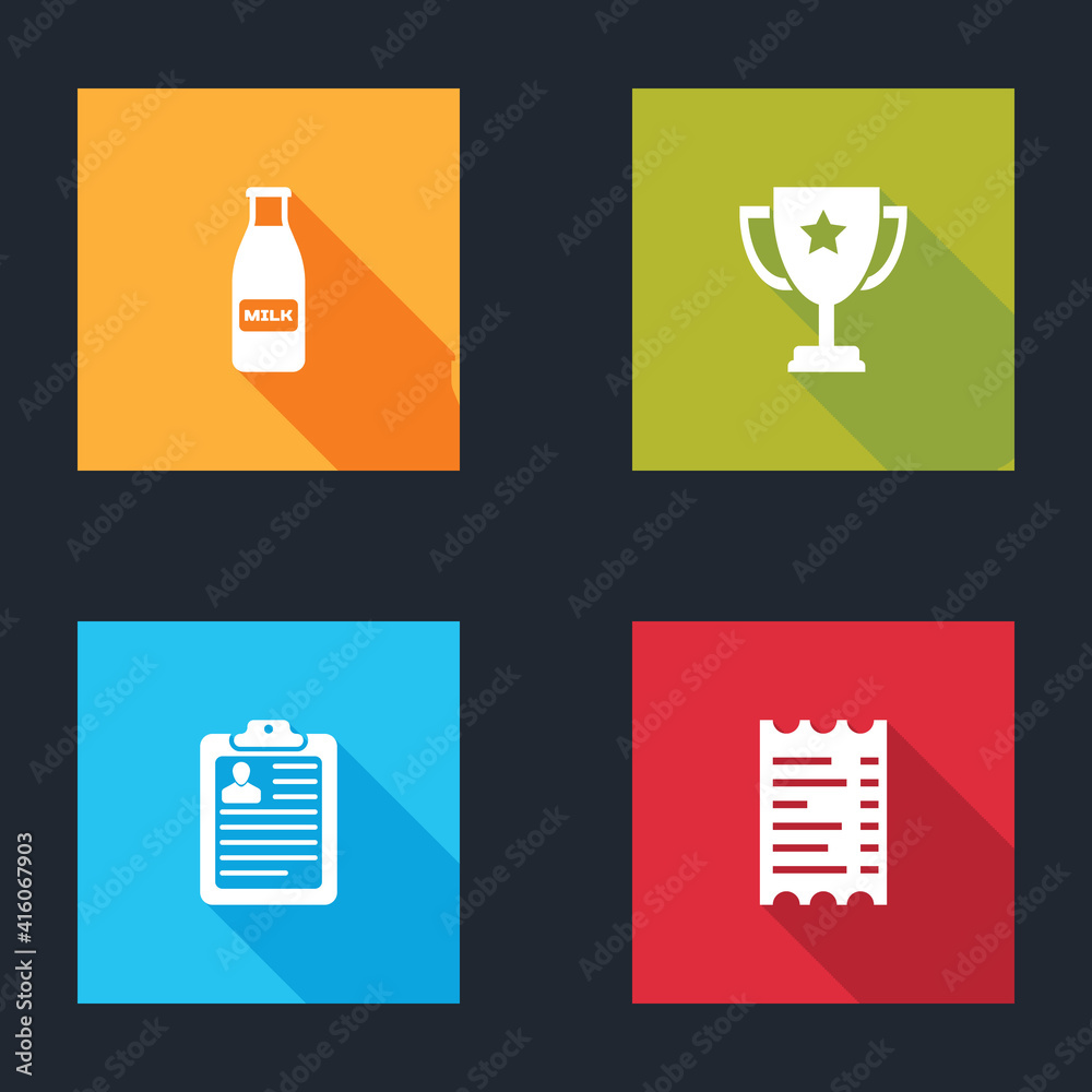 Set Glass bottle milk and cap, Trophy cup, Clipboard with resume and Paper or financial check icon. Vector. Set Glass bottle milk and cap, Trophy cup, Clipboard with resume and Paper or financial check icon. Vector.