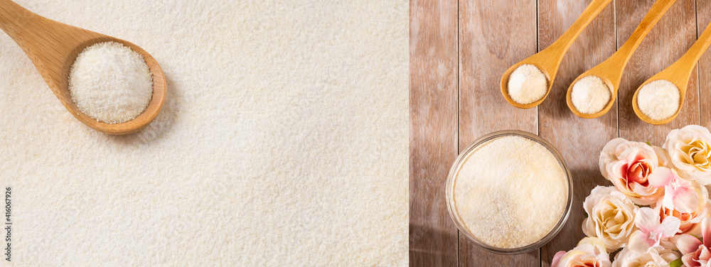 Organic gelatin powder - Hydrolyzed collagen. Text space Organic gelatin powder - Hydrolyzed collagen. Text space