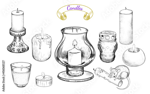 .Collection of various candles.Vector drawings in sketch style.Black and white composition on a white background.