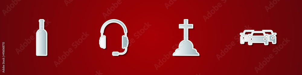 Set Bottle of wine, Headphones with microphone, Tombstone cross and Cars icon. Vector.