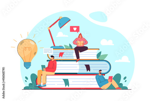Tiny student sitting on book pile and reading flat vector illustration. Cartoon bookworm people studying and getting new knowledge. Library, literature and education concept