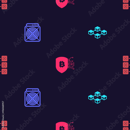 Set Blockchain technology, ASIC Miner, Shield with bitcoin and Mining farm on seamless pattern. Vector.