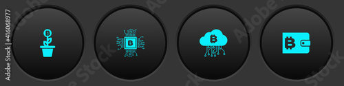 Set Bitcoin plant in the pot, CPU mining farm, Cryptocurrency cloud and wallet icon. Vector.