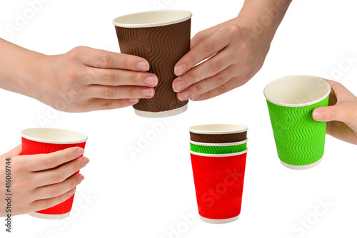 Woman and holding paper cup for vaious drinks isolated on white. photo