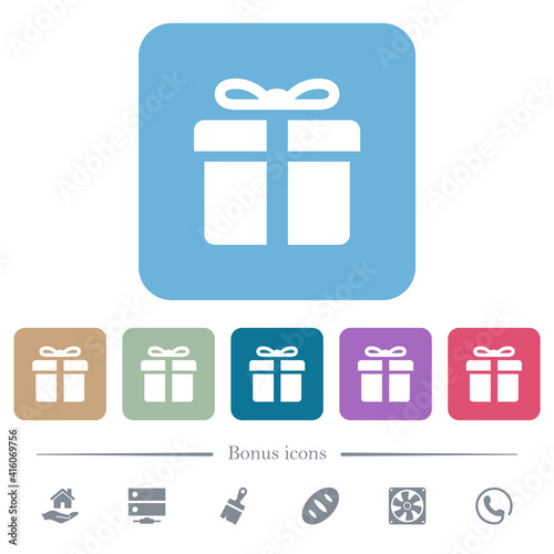 Gift box flat icons on color rounded square backgrounds