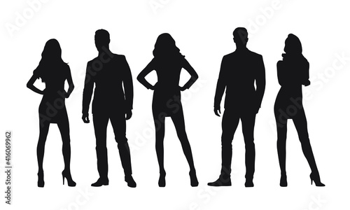 Businesswomen and businessmen, group of standing people, isolated vector silhouettes. 