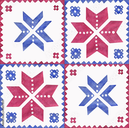 Isolated seamless pattern of ukrainian ethnic ornament painted in blue and red watercolor on white background