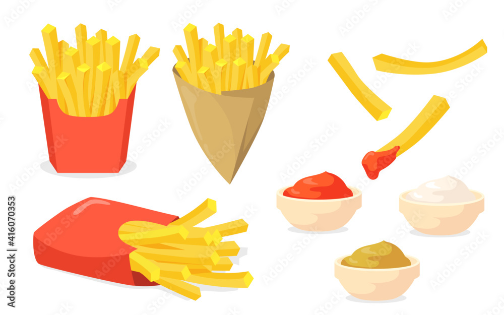 Fototapeta premium French fries set. Potato sticks in paper cones, ketchup, mayo, mustard sauces isolated on white. Vector illustration for fast food snack, street food concept