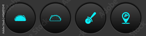 Set Taco with tortilla, , Pizza knife and Location slice pizza icon. Vector.