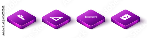 Set Isometric Tape measure, Triangular ruler, Ruler and Audio book icon. Vector.