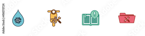 Set Dirty water drop, Scooter service, Interesting facts and Folder icon. Vector.