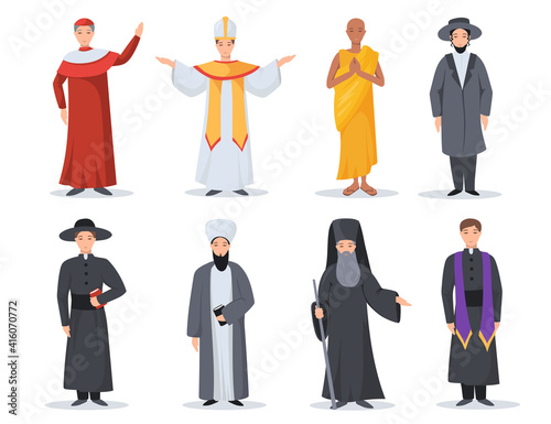 Religion ministers set. Christian pastor, Orthodox Jew, Muslim, Catholic priest, pope, Buddhist, monk isolated on white. Vector illustration for confession, belief, culture, churchman concept