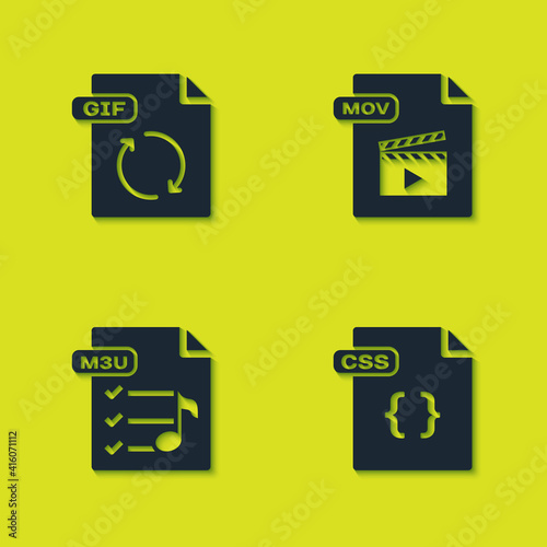 Set GIF file document, CSS, M3U and MOV icon. Vector.