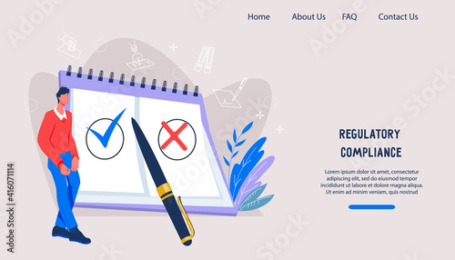 Website banner template on regulatory compliance, company rules theme. Landing page layout for documents regulation, corporate business policy and law standards compliance, flat vector illustration.