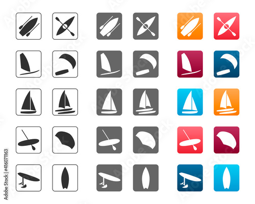 Watersports icons set. Surfing, kiteboarding, windsurfing, sailboat, catamaran, hydrofoil, kayaking, foil wing, boat and sup boarding. Extreme kinds of sports signs and symbols collection.