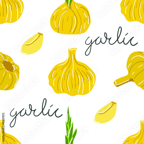 Hand drawn seamless pattern of garlic. Yellow, golden colors. Flat illustration.