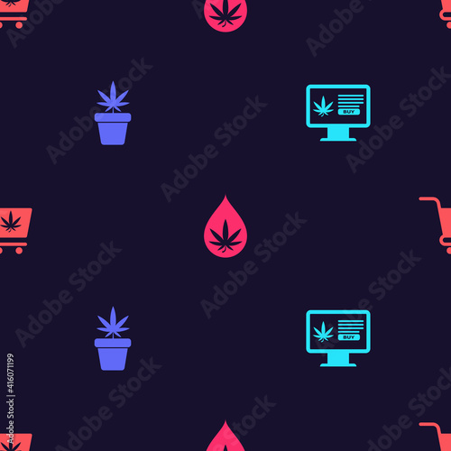 Set Online buying marijuana, Marijuana plant pot, or cannabis leaf oil and Shopping cart with on seamless pattern. Vector.