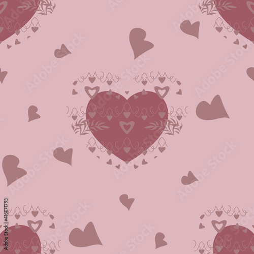 Seamless pattern with hearts and leaves. Light pink color. Vector.	