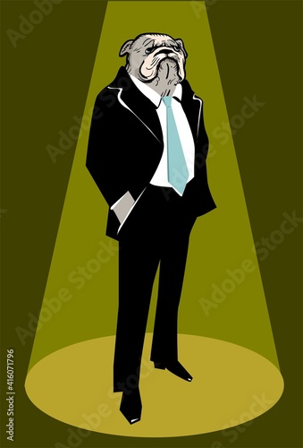 Cartoon illustration of funny man with dog head dressed up in black suit