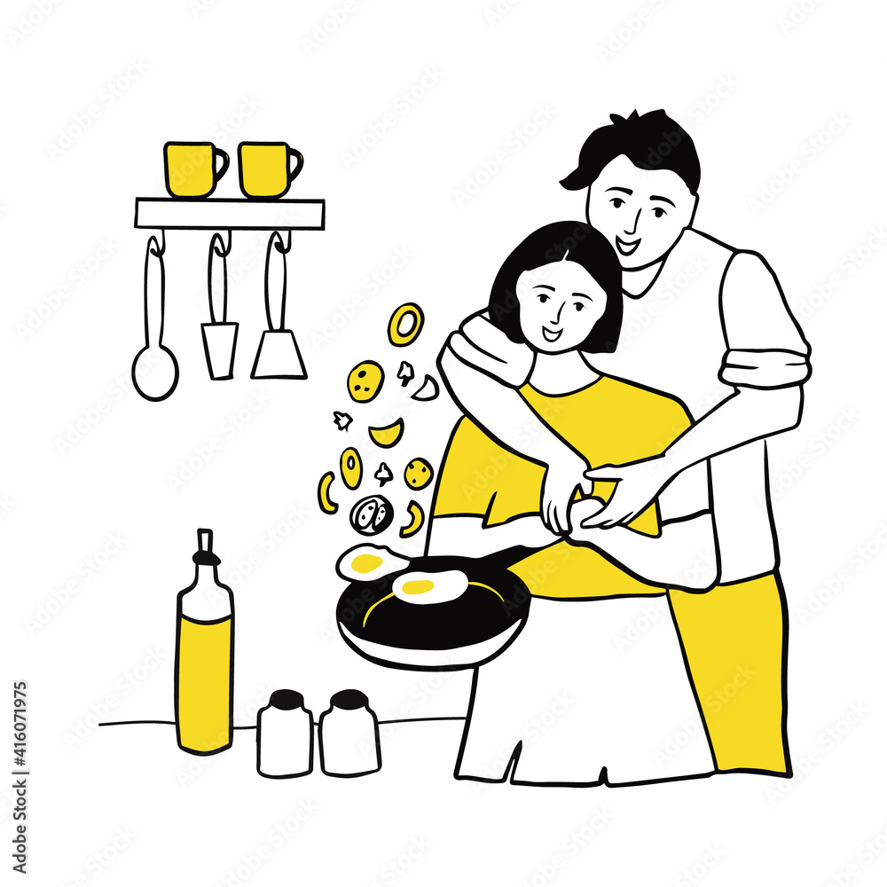 Young couple cooking together in the kitchen. Man frying eggs for breakfast or dinner. Love and relationships, working together around the house. Line art, vector illustration Young couple cooking together in the kitchen. Man frying eggs for breakfast or dinner. Love and relationships, working together around the house. Line art, vector illustration