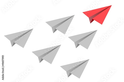 Individual red leader paper plane lead other. Business and leadership concept