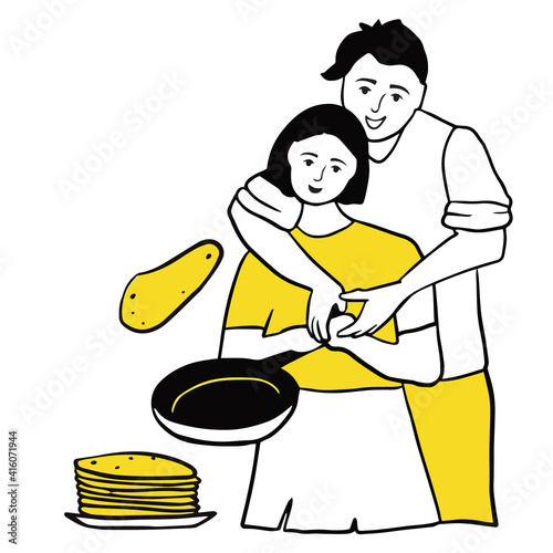 Young couple cooking together in the kitchen. Man and woman bake blinis and pancakes. Love and relationships, working together around the house. Line art, vector illustration