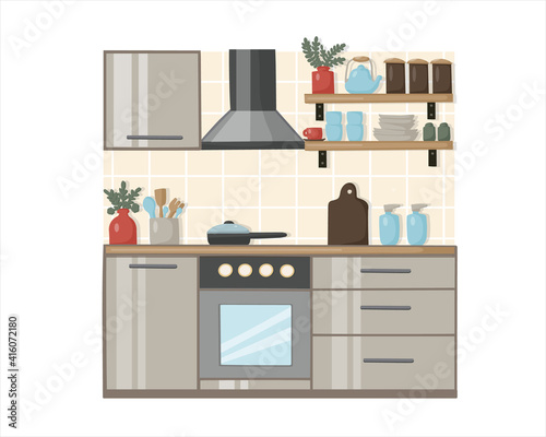 Kitchen interior with modern furniture and appliances. Flat style refrigerator, stove and hood. Cookware and kitchen utensils. Vector illustration